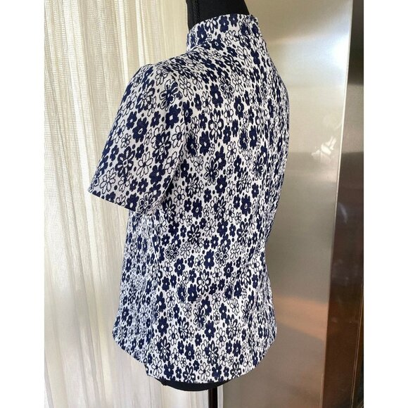 Vintage 70s top, crazy daisies, navy blue short sleeves shirt - Picture 5 of 9
